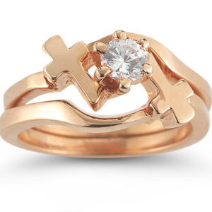 Diamond Cross Wedding Ring Bridal Set in 14K Rose Gold