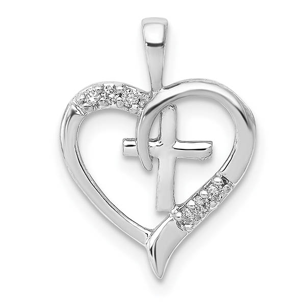 Diamond Heart Cross Pendant, 14K White Gold