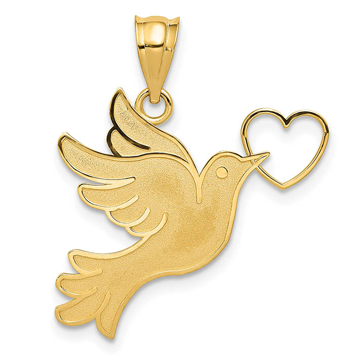 Dove with Heart Pendant, 14K Yellow Gold
