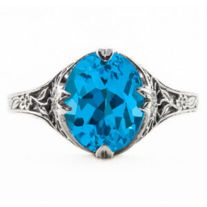 Edwardian Style Floral Design Oval Blue Topaz Ring in 14K White Gold