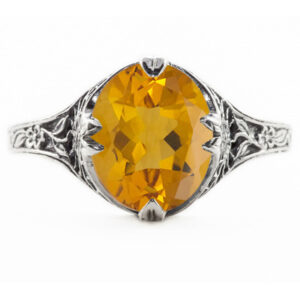 Edwardian Style Floral Design Oval Citrine Ring in Sterling Silver