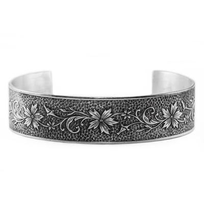 Edwardian-Style Flower and Buds Cuff Bangle Bracelet, Sterling Silver