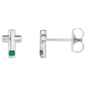 Emerald Cross Stud Earrings, 14K White Gold