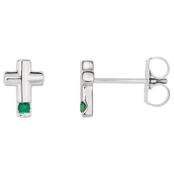 Emerald Cross Stud Earrings, 14K White Gold