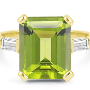 Emerald-Cut 5 Carat Peridot and Baguette Diamond Ring in 14K Yellow Gold