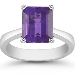 Emerald Cut 8mm x 6mm Amethyst Solitaire Ring, 14K White Gold