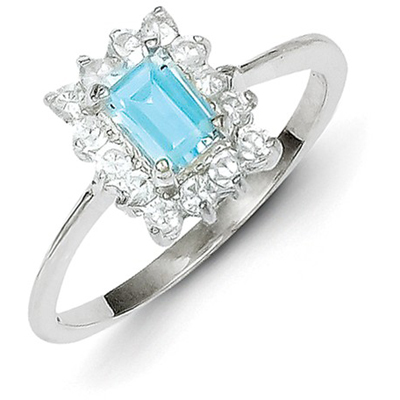 Emerald-Cut Blue Topaz Gemstone & CZ Ring, Sterling Silver