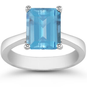 Emerald Cut Blue Topaz Solitaire Ring, 14K White Gold