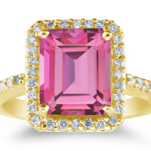 Emerald-Cut Pink Topaz and Diamond Cocktail Ring 14K Yellow Gold