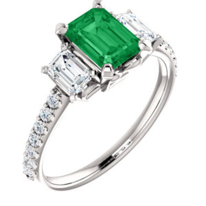 Emerald-Cut Three-Stone Emerald and Diamond Engagement Ring