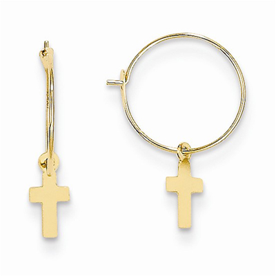 Endless Hoop w/Small Cross Earrings, 14K Gold