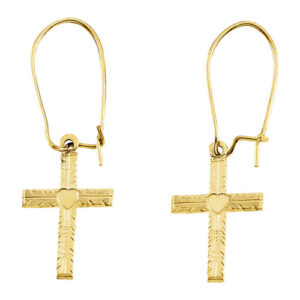 Engraved Cross Dangle Earrings, 14K Yellow Gold