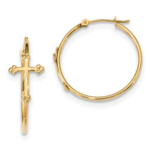 Fleur-de-Lis Cross Hoop Earrings, 14K Gold