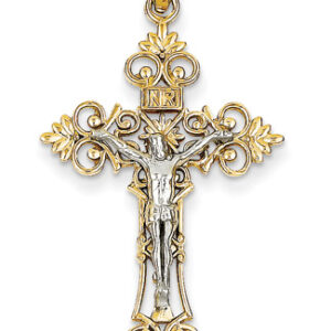 Fleur-de-Lis INRI Crucifix Pendant, 14K Two-Tone Gold