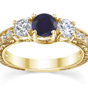 Floral-Carved Blue Sapphire and Diamond Three Stone Engagement Ring, 14K Yellow Gold