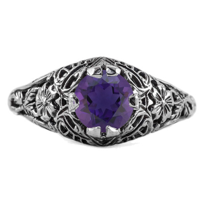 Floral Edwardian Style Amethyst Ring in 14K White Gold