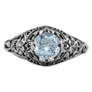 Floral Edwardian Style Aquamarine Ring in 14K White Gold