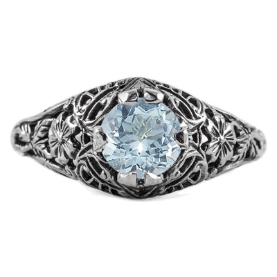 Floral Edwardian Style Aquamarine Ring in Sterling Silver