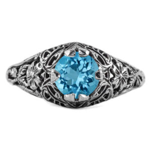 Floral Edwardian Style Blue Topaz Ring in Sterling Silver