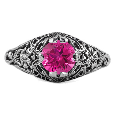 Floral Edwardian Style Pink Topaz Ring in Sterling Silver
