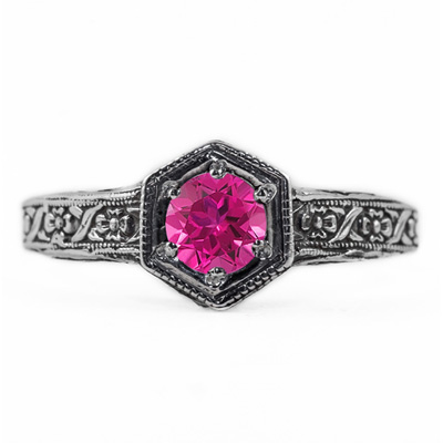 Floral Ribbon Design Vintage Style Pink Topaz Ring in 14K White Gold
