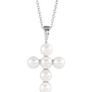 Freshwater Cultured Pearl Cross Necklace, 14K White Gold