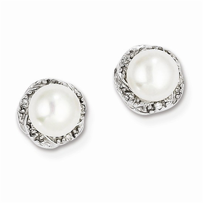 Freshwater Cultured Pearl & Diamond Post Earrings in Sterling Silver