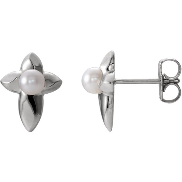 Freshwater Pearl Cross Earrings in 14K White Gold