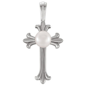 Freshwater Pearl Cross Necklace in 14K White Gold