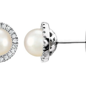 Freshwater Pearl Diamond Halo Stud Earrings