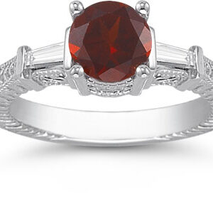 Garnet and Baguette Diamond Engraved Engagement Ring, 14K White Gold