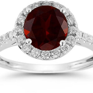 Garnet and Diamond Halo Gemstone Ring in 14K White Gold