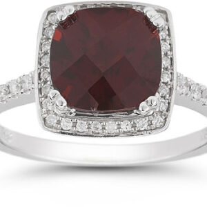 Garnet and Pave Diamond Halo Ring in 14K White Gold