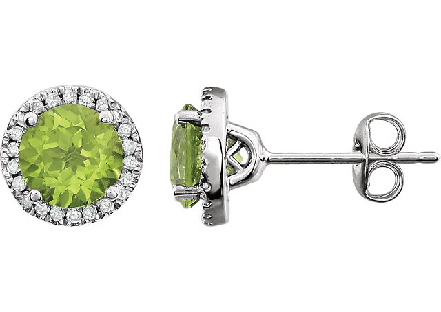 Green Peridot and Diamond Halo Stud Earrings