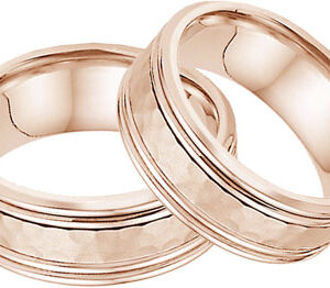 Hammered Double Edged Wedding Band Set in 14K Rose Gold