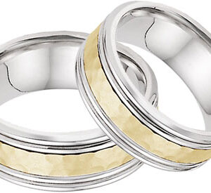 Hammered Double Edged Wedding Band Set in 14K Two Tone Gold