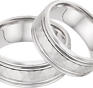 Hammered Double Edged Wedding Band Set in 14K White Gold