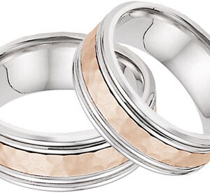 Hammered Double Edged Wedding Band Set in 14K White and Rose Gold