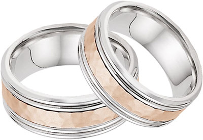 Hammered Double Edged Wedding Band Set in 14K White and Rose Gold