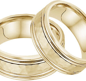 Hammered Double Edged Wedding Band Set in 14K Yellow Gold