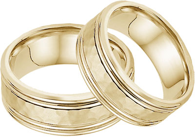Hammered Double Edged Wedding Band Set in 14K Yellow Gold