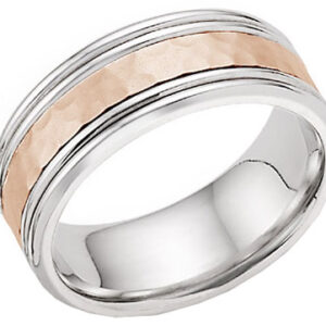 Hammered Double Edged Wedding Band in 14K White and Rose Gold