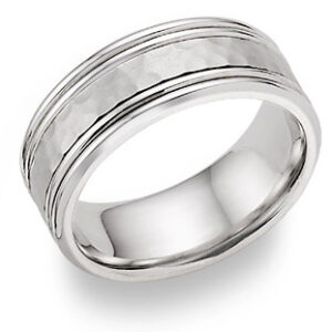 Hammered Double Edged Wedding Band in 18K White Gold