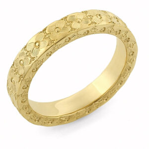 Hand Carved Flower Wedding Band Ring, 14K Gold
