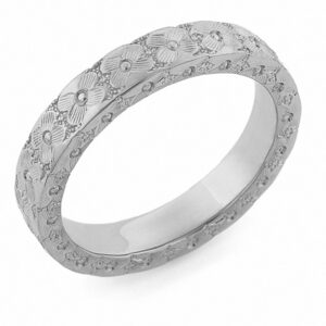 Hand-Carved Flower Wedding Ring, 14K White Gold
