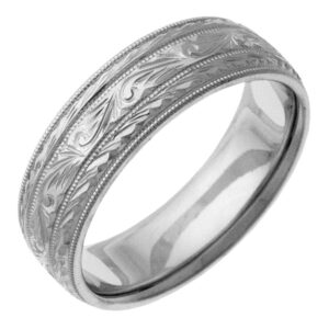 Hand-Etched Paisley Wedding Band Ring, White Gold