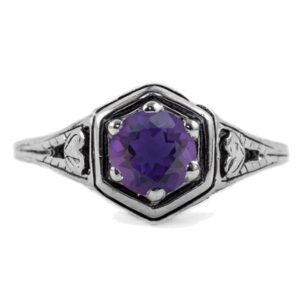 Heart Design Vintage Style Amethyst Ring in 14K White Gold