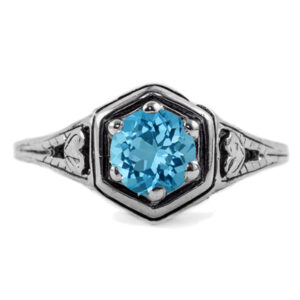 Heart Design Vintage Style Blue Topaz Ring in 14K White Gold