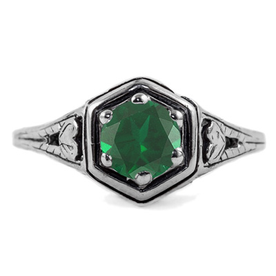Heart Design Vintage Style Emerald Ring in 14K White Gold