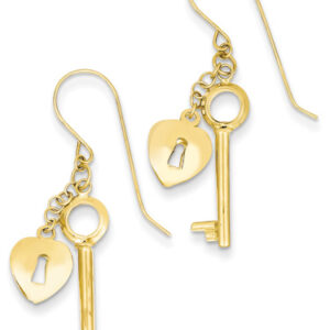 Heart Lock and Key Earrings, 14K Gold